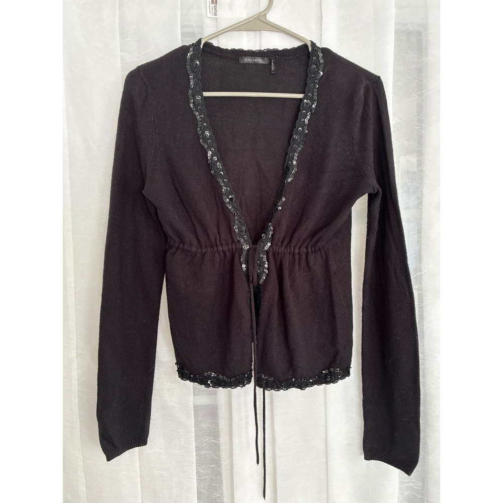 Daisy Fuentes Moda Womens Black Sequin Lace Trim Tie Front Cardigan Sweater S